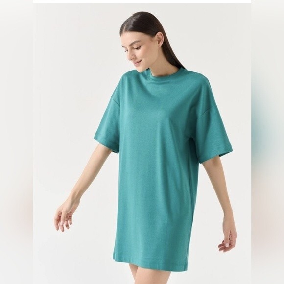 COS Jade Green Mock Cowl Neck Short Sleeve midi dress pockets size Large EU 42 - Picture 1 of 8